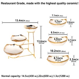 jinsongdafa 3-Tier Serving Rack Ceramic Bowls, Foldable Gold Stand with 7.1"/8.5"/10.2" Gold Rim Bowls, for Food Display, Fruit, Dessert, Decoration for Parties Entertaining