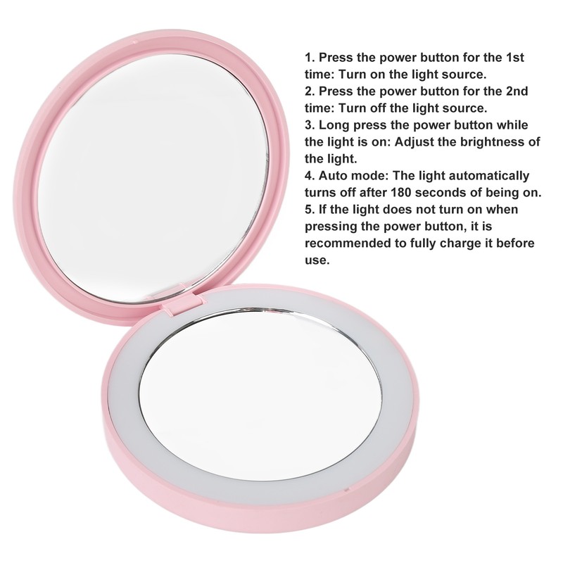 LED Compact Mirror Round Shape 3X Magnification Rechargeable Double Sided