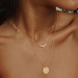 layered gold necklaces for women，Stackable Stack 14K Real Gold Plated Chain Necklace Trendy Layering Coin CZ Simple Circle Cubic Zirconia Pendant Necklaces Set Gold Jewelry for women Gifts