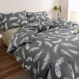 Adam Home Printed Duvet Cover Set (Feather Charcoal King)- Ultra Soft Printed Quilt Cover Set- 1 Duvet Cover & 2 Pillow Case-Luxurious Brushed Microfiber Comforter Cover Set-Bedding Set