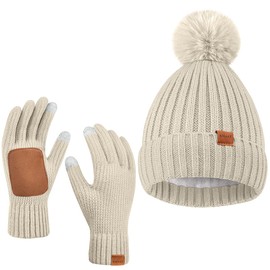 KIRAAT Womens Winter Beanie Hat Fleece Lined with Pom Pom,Warmer Faux Suede Touchscreen Gloves Set (CA/US, Alpha, One Size, Beige(01))