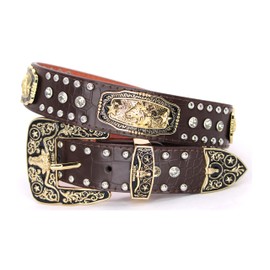 West Star Concho Genuine Leather Belt Mens Women Western Cowboy Leather Belt-Horse Coffee Clear XL