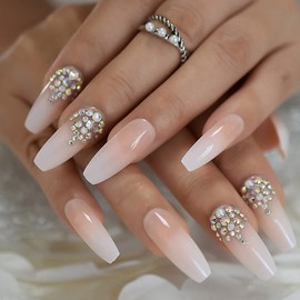 24pcs Ombre Bling French Press On Nails Gradient Acrylic False Nails Kit Long Ballerina Pink White Tips Luxury AB Stones Shimmer Natural Nails Art