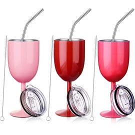 Geiserailie Stemmed Stainless Steel Wine Glasses with Lid Double Wall Insulated Wine Tumbler Unbreakable Goblets with Drinking Straw and Straw Brush, 10 oz (Red, Rose Red, Pink,3 Pieces)