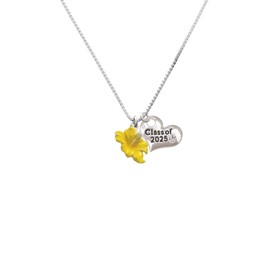 Delight Jewelry Silvertone Yellow Hibiscus Flower Silvertone Class of 2025 Heart Charm Necklace, 18"+1" Extender