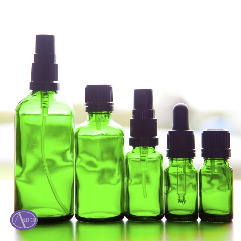 Aura 10ml GREEN Glass Bottles with Black T/E Caps &