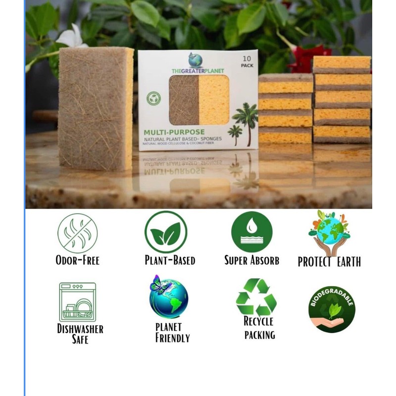THEGREATERPLANET 10 Pck Biodegradable Sponges Kitchen Natural Dishes Plant Based