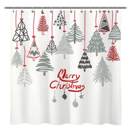 Merry Christmas Abstract Xmas Trees Shower Curtain, Red Line Hang on Pine Tree Shower Curtain for Bathroom Decor, 71x71 Inch