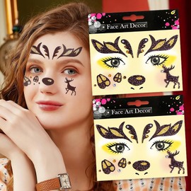 Christmas Temporary Tattoo Face Stickers Golden Reindeer Face Stickers for Girls Boy Glitter Elk Face Gems Jewelry Christmas Cosplay Costume Decorations
