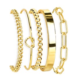 Gokeey Gold Bracelets for Women Non Tarnish Waterproof 14K Real Gold Plated Bracelets Stack Dainty Chunky Bangle Cuff Love Knot Paperclip Bead Cuban Bracelet Layered Chain for Jewelry Gifts
