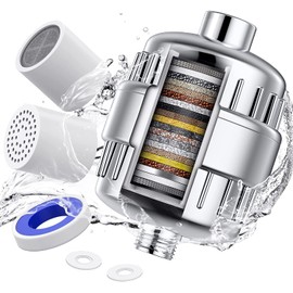 Shower Filter 20 Stage Showerhead Filter for Hard Water Shower Water Filter with 2 Replaceable Filter Cartridges for Removing Chlorine Fluoride, Polished Chrome