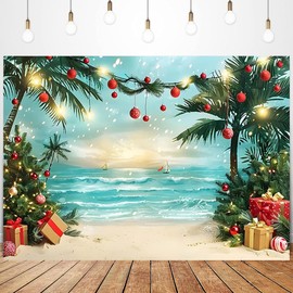 Beach Christmas Tree Backdrop Photography Summer Beach Christmas Tree Decoration Tropical Xmas Palm Leaves Blue Sky Ocean Background Family Holiday Party Backdrop (9X6FT)