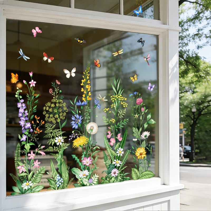 Tanlaby Spring Summer Flower Window Stickers Floral Grass Wildflower Window