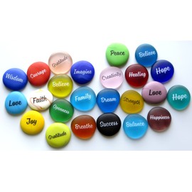 Lifeforce Glass Sea Stones, Frosted Faux Sea Glass, Motivational, Inspiring Encouraging Single Words Set of 24.