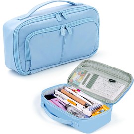 KORSEEN Pencil Case Large Capacity Pencil Pouch Pen Bag with Handle, Portable Pencil Case Pencil Bags with Zipper Student Stationery Bag for Girls and Boys Teen Adults Men Women (Light Blue)