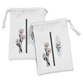 Ambesonne Poppy Flower Fabric Pouch Set of 2, Bouquet of Pastel Florets Flourishes in Different Frames, Small Drawstring Bag for Toiletries Masks and Favors, 9" x 6", Dried Rose Pale Blue