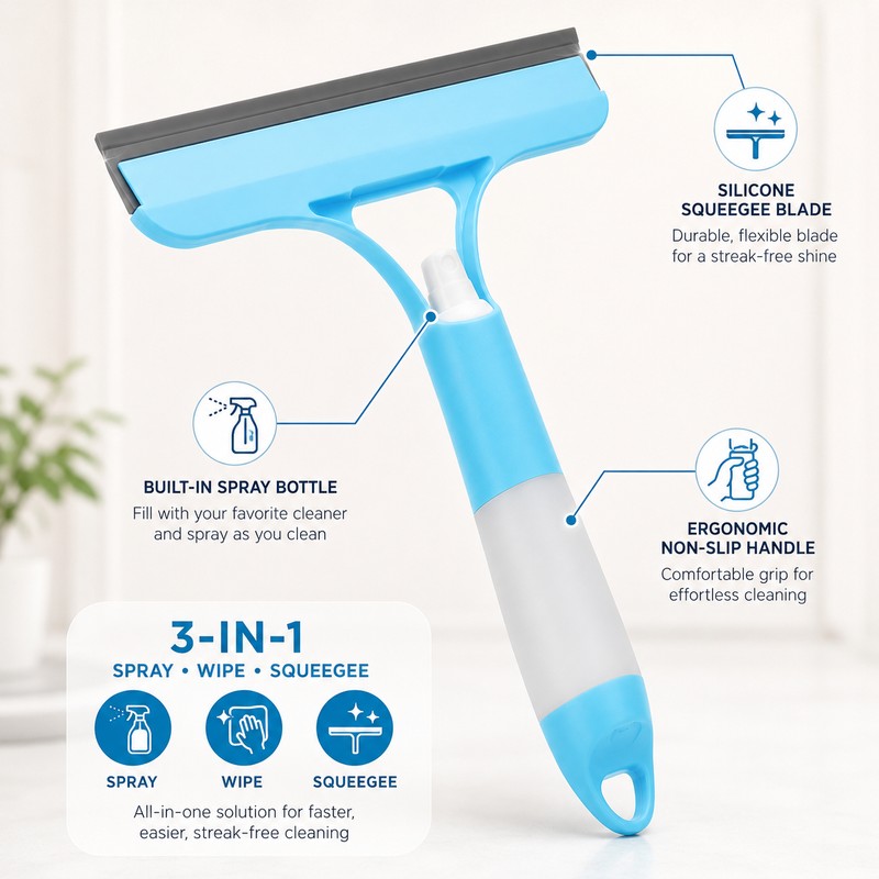 3-in-1 Spray Window Squeegee for Glass Cleaning – Built-In Bottle