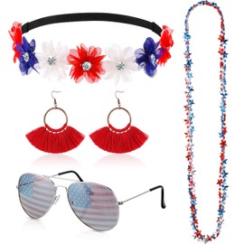 Hicarer 5pcs 4th of July Accessories Set Flower Patriotic Headband American Flag Sunglasses Red White Blue Necklace USA Tassel Earrings Fourth of July Outfits for Women Independence Memorial Day