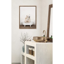 Kate and Laurel Sylvie Mother and Baby Polar Bear in Rustic Bath Framed Canvas Wall Art by Amy Peterson Art Studio, 18x24 Gold, Modern Fun Decorative Bathtub Wall Art for Home Décor