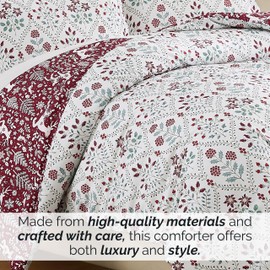 Southshore Fine Living, Inc. Christmas Comforter Twin Size Set with Pillow Sham, Reversible Red Holiday Bedspread with 2 Patterns, Twin/Twin XL Comforter - Snowflakes, Holly & Reindeer Print