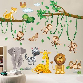 Wall Sticker Jungle Animals Tree Vines Wall Sticker Children's Room Animal Party Wall Sticker Elephant Giraffe Lion Monkey Zebra Owl for Boys Girls Baby Room Bedroom Wall Decoration