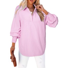Astylish Womens Trendy Collar Long Sleeve Henley Shirts Fine Striped V-Neck Button Down Teacher Tops Blouse for Pocket Shirred Pink Large