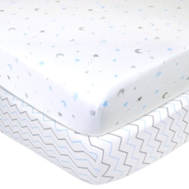 American Baby Company 2 Pack Fitted Crib Sheets 28" x 52", Soft Breathable Neutral 100% Cotton Jersey Sheet, Blue Star/Blue Zigzag, for Boys and Girls, Fits Crib and Toddler Bed mattresses