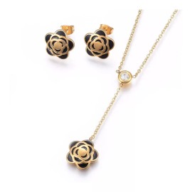 Unbranded Stainless Steel Set Necklace Stud Earrings Enamel Flower Gold 16.5" Z756