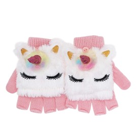 Newfancy Kids Unicorn Flip Top Gloves with Mitten Cover Knitted Winter Fingerless Convertible Mittens for Boy Girls Toddler, White Pink, One Size