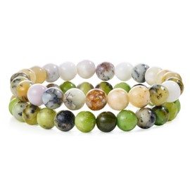 Bivei Natural Gemstone Semi Precious Crystals Handmade Stretchy Round Beads Bracelet, Enhance Positive Energy(Opal fosters & Serpentine(Growth & Prosperity) Medium)