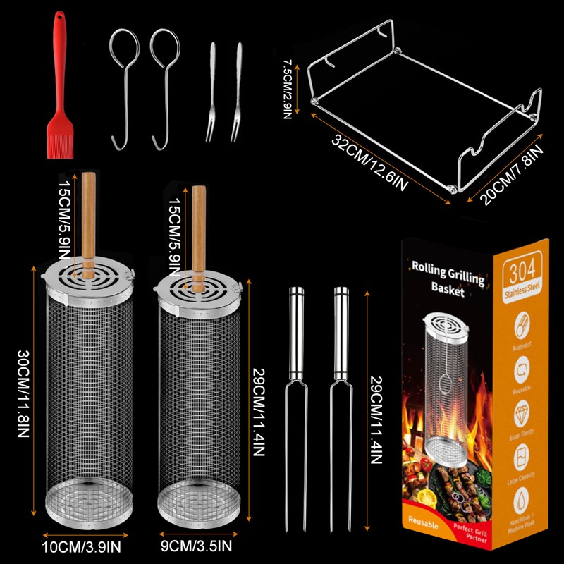 Rolling Grill Basket（2PCS） with Detachable Handle, 304 Stainless Steel BBQ