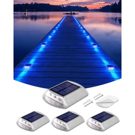 DetarZinLED Solar Driveway Lights Outdoor, 4 Pack IP68 Waterproof Dock Deck Lights Solar Powered, Stick on & Screw Blue Markers Light for Pathway, Walkway, Sidewalk, Patio, Pool Deck, Garage Entrance