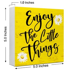 Enjoy the Little Things Wood Sign,Inspirational Wood Box Sign,Rustic Farmhouse Daisy Wooden Block Sign for Ofiice Home Classroom Kid Room Desk Decor