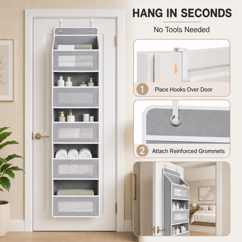 5-Shelf Over Door Hanging Storage Organizer with Large Capacity Pockets,