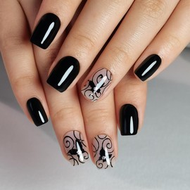 Black Halloween Press On Nails Square - S.T. Friends Short Press On Nails with Nail Glue,Halloween Stick On Nails in 16 Sizes - 32PCS Soft Gel Glue On Nails Kit