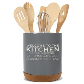 Elanze Designs Welcome to the Kitchen Ceramic Cork Bottom Gray Large Capacity Utensil Holder Crock for Countertop Storage, Stylish & Durable for Spoons, Spatulas, and Cooking Tools