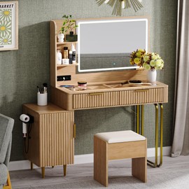 Galasil Fluted Make Up Vanity Desk with Mirror and Lights Chair,Wooden Vanities Desk with Glass top,Oak Vanity, Adjustable Side Cabinet,Modern Dressing Table Set w/Charging Station for Bedroom
