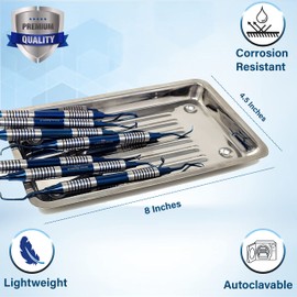 7 Pc Dental Periodontal Gracey Curettes with Scalar Tray, Stainless Steel Oral Hygiene Kit, Hollow Handle Blue Titanium Coated Double Ended Medical Dental Veterinary Instrument Kit