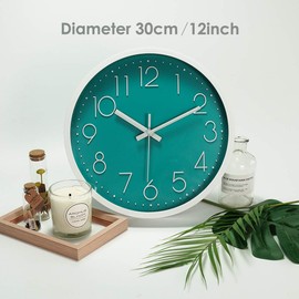 Topkey Wall Clock 12" Silent Non Ticking Modern Clock Round Decorative Wall Clock for Living Room, Bedroom, Kitchen (Battery Not Included) (Teal Green)