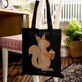 Mr. & Mrs. Panda Carry Bag Squirrel Christmas Time - Gift, Fabric Bag, Christmas Decoration, Bag, Christmas, Pouch Bag, Winter Motif, Santa Claus, Advent, Happy New Year, black, Hand drawn