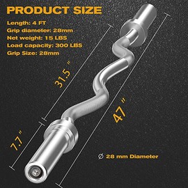 Elevens Olympic Barbell Training Curl Weight Bar 300 LBS Capacity, Chrome Workout Barbells Suitable for Home Gym Fitness Weightlifting, Hip Thrusts,Squats and Lunges（Silver/300LBS）