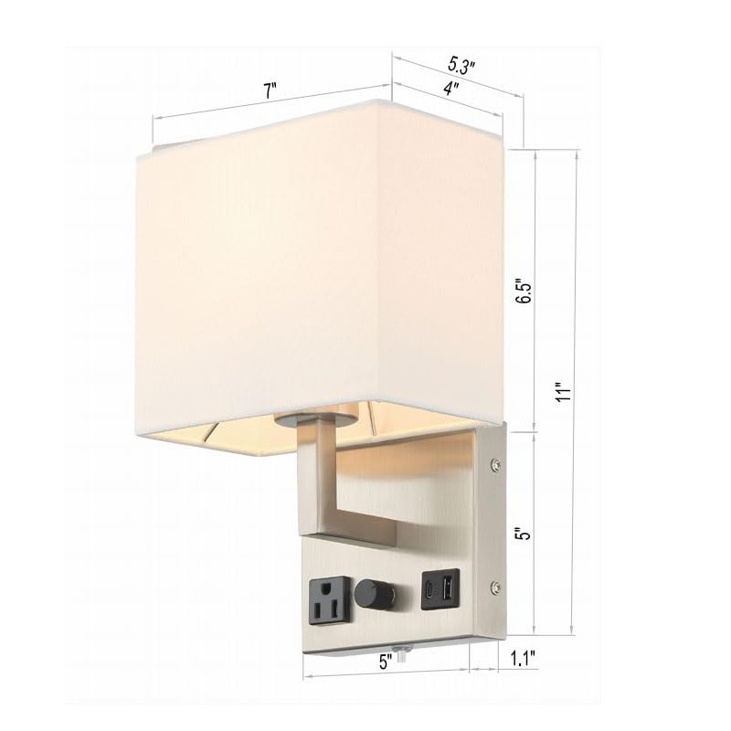 HomeFocus-Bedside Wall Sconces,Dimmable Wall Light with Outlet and Dual USB