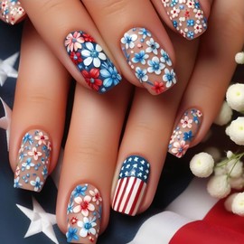 Independence Day Press on Nails Short Square False Nails with Floral Designs Red Blue American Flag Fake Nails Cute Stick on Nails Full Cover 4th of July Acrylic Nails for Women Girls Manicure 24Pcs