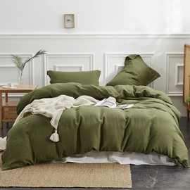 Simple&Opulence 100% Linen Duvet Cover Set 3pcs Basic Style Natural French Washed Flax Solid Color Soft Breathable Farmhouse Bedding with Button Closure - Olive Green, Queen