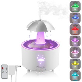 Humidifier for Bedroom, 7-Color Rotating Umbrella Diffuser with Rain Drop Effect, 300ML Small Humidifier Aroma Diffuser with Remote & Timer, Funny Rain Humidifier Gift for Kid Teen Women (White)