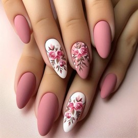 Medium Press on Nails Almond Shaped Fake Nails Pink Matte Acrylic Glue on Nails Cute Flower False Nails Artificial Full Cover Spring Floral Stick on Nails for Women Girls DIY Manicure 24Pcs