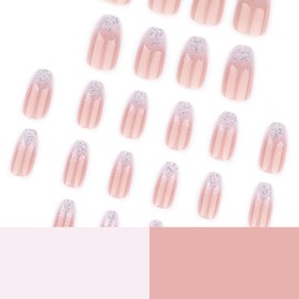 24Pcs Press on Nails Medium Coffin French Tip with Nude Silver Glitter Design Acrylic Nails Fake Nails Thick Glossy Full Cover Glue on Nails Stick on Nails for Women JP3736