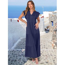 ANRABESS Womens Summer Casual Maxi Dress V Neck Ruffle Sleeve Long Dresses Fashion Flowy Tiered Boho Beach Vacation Sundress Navy Blue Small