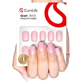 Curvlife Soft Gel Press on Nails, 30Pcs 15 Sizes Gel Nail Tips, Pink Style Full Cover Design Reusable Fake Nails Kit with Glue and Adhesive Tabs