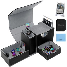 Stepane MTG Deck Box, Multi-functional 5 in 1 MTG Commander Deck Box, Card and Dice Storage Box, with A Visual Window, Dice Tray & Tower Black/Grey